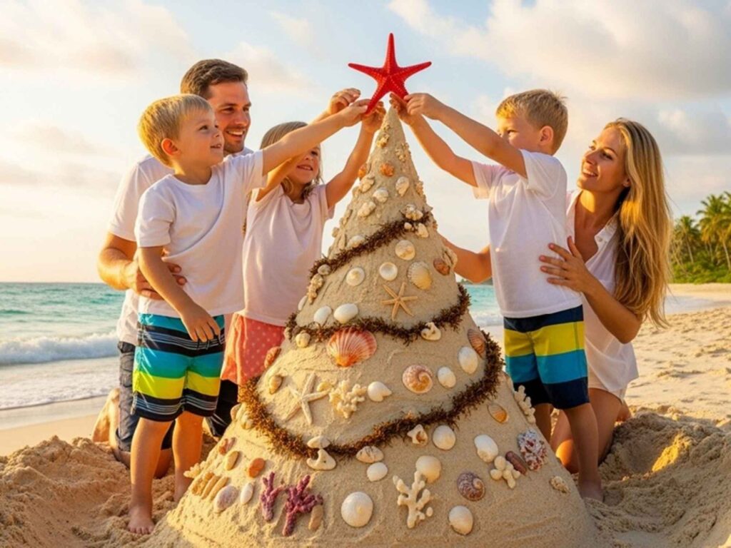 Family decorating a sand Christmas tree on the side of the shoreline
